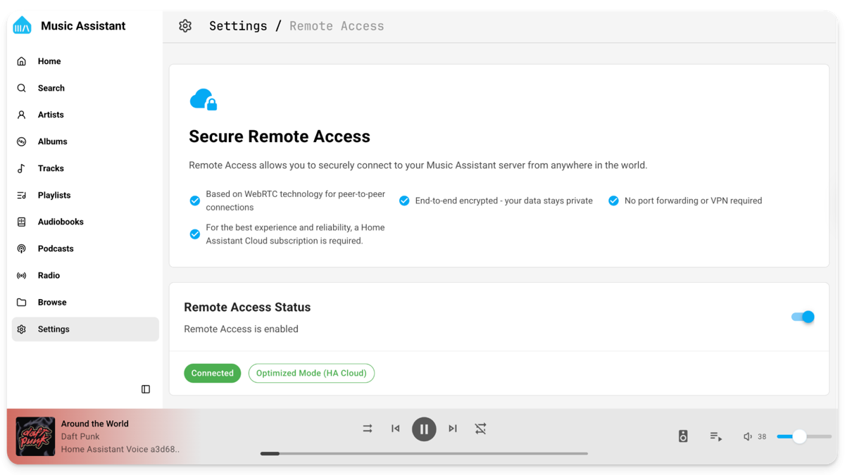 Music Assistant dashboard with Cloud improved streaming